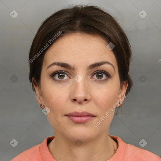 Neutral white young-adult female with short  brown hair and brown eyes