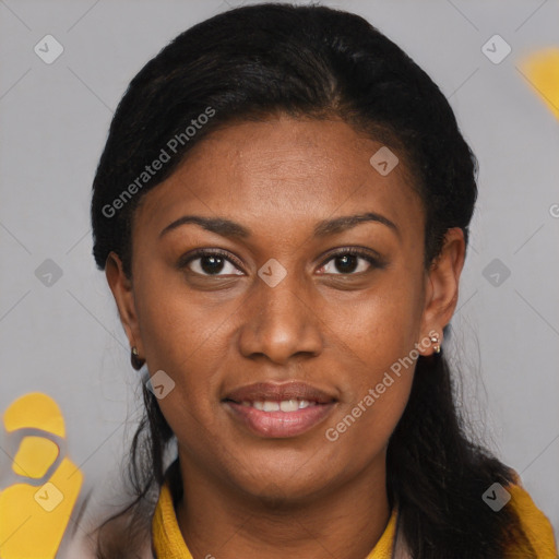 Joyful latino young-adult female with short  black hair and brown eyes