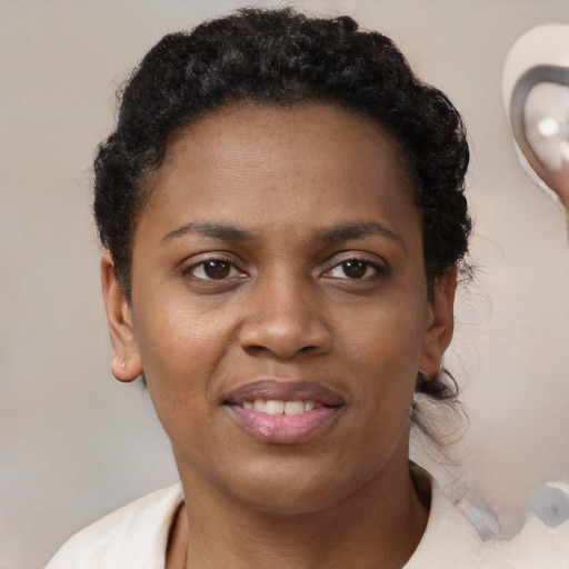 Joyful black young-adult female with short  brown hair and brown eyes