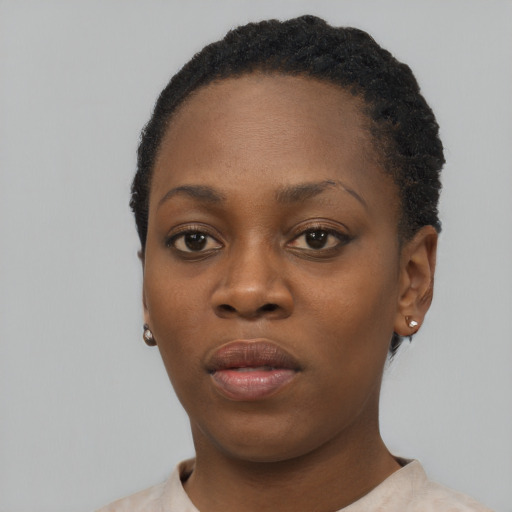 Neutral black young-adult female with short  black hair and brown eyes