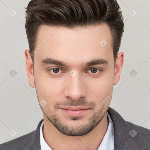 Neutral white young-adult male with short  brown hair and brown eyes