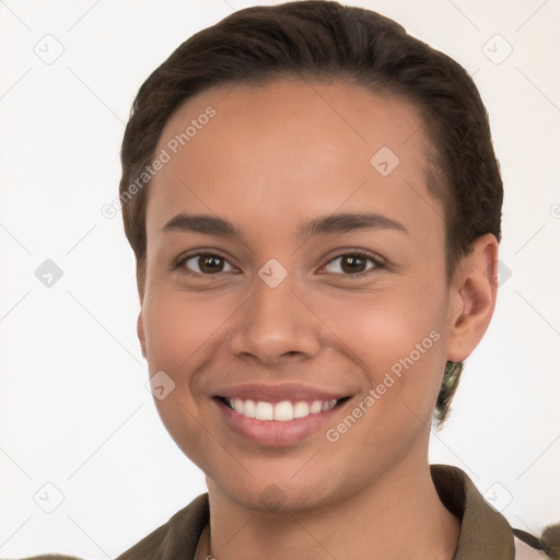 Joyful white young-adult female with short  brown hair and brown eyes