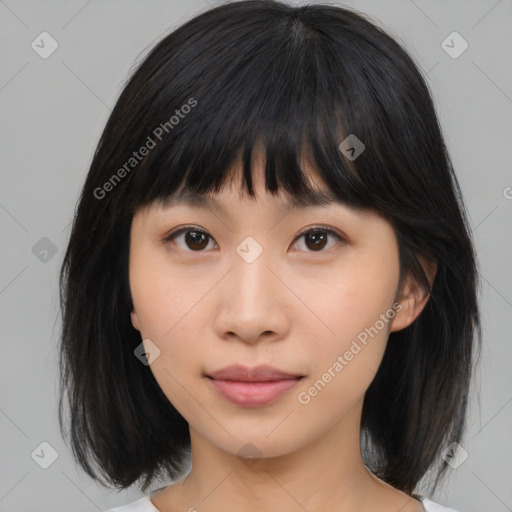 Neutral asian young-adult female with medium  brown hair and brown eyes