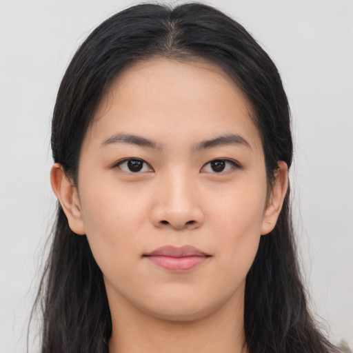 Neutral asian young-adult female with long  black hair and brown eyes