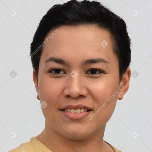 Joyful asian young-adult female with short  brown hair and brown eyes