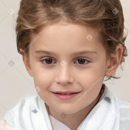 Joyful white child female with short  brown hair and brown eyes