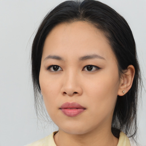 Neutral asian young-adult female with long  black hair and brown eyes