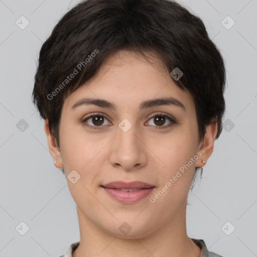 Joyful white young-adult female with short  brown hair and brown eyes