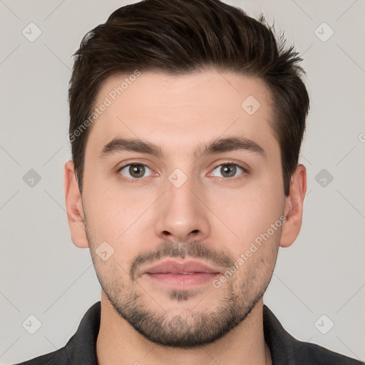 Neutral white young-adult male with short  brown hair and brown eyes