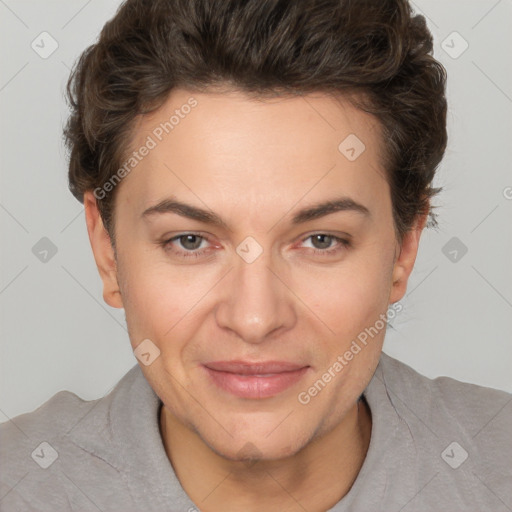 Joyful white adult female with short  brown hair and brown eyes