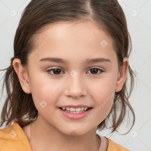 Joyful white child female with medium  brown hair and brown eyes