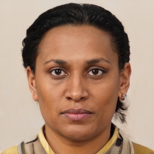 Joyful latino adult female with short  brown hair and brown eyes