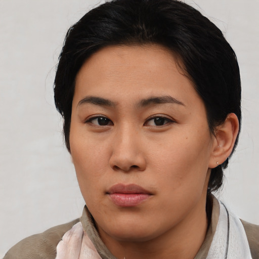 Neutral asian young-adult female with medium  black hair and brown eyes