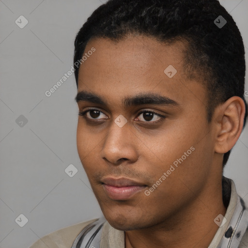 Neutral latino young-adult male with short  black hair and brown eyes