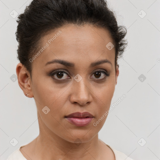 Neutral white young-adult female with short  brown hair and brown eyes