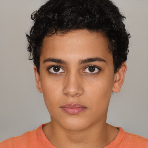 Neutral latino young-adult female with short  brown hair and brown eyes