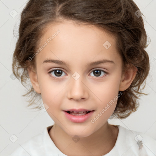 Joyful white child female with medium  brown hair and brown eyes