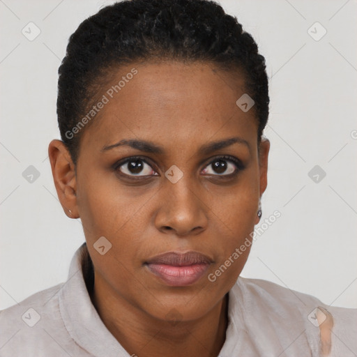 Neutral black young-adult female with short  brown hair and brown eyes