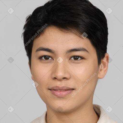 Joyful asian young-adult female with short  brown hair and brown eyes