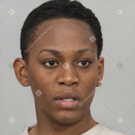 Neutral black young-adult female with short  brown hair and brown eyes