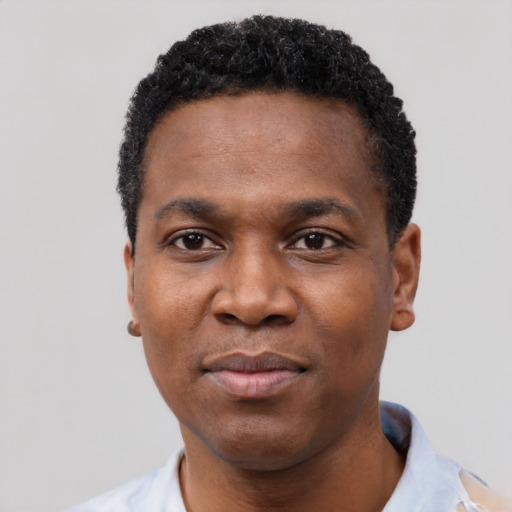 Neutral black adult male with short  black hair and brown eyes