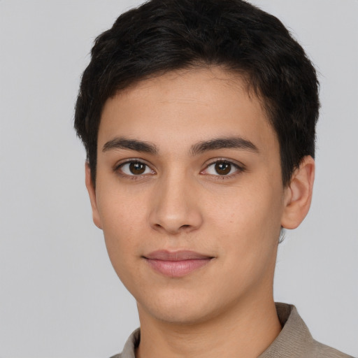 Neutral white young-adult female with short  brown hair and brown eyes
