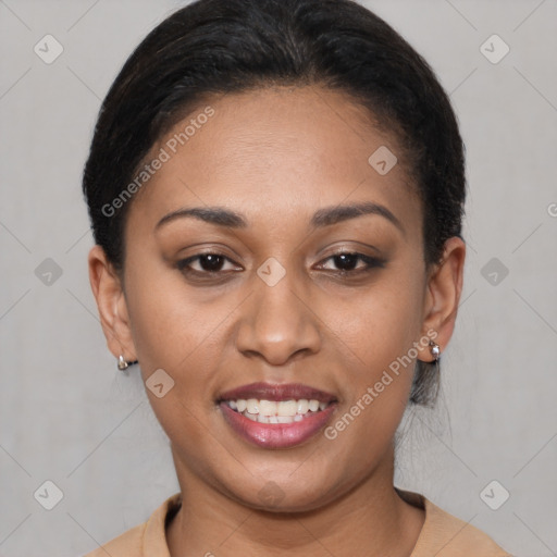 Joyful latino young-adult female with short  brown hair and brown eyes