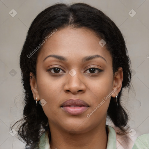 Joyful black young-adult female with medium  brown hair and brown eyes