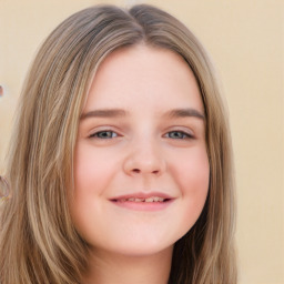 Joyful white child female with long  brown hair and brown eyes