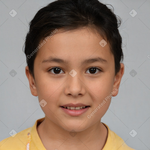Joyful white child female with short  brown hair and brown eyes