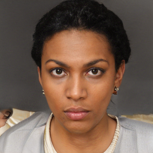 Neutral black young-adult female with short  black hair and brown eyes