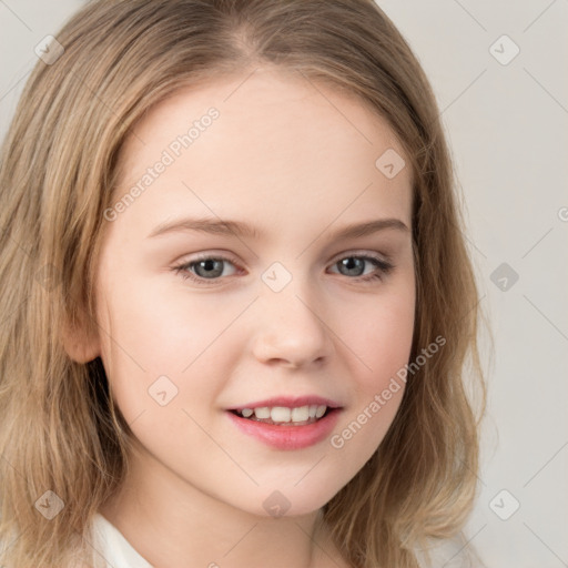 Joyful white child female with medium  brown hair and grey eyes