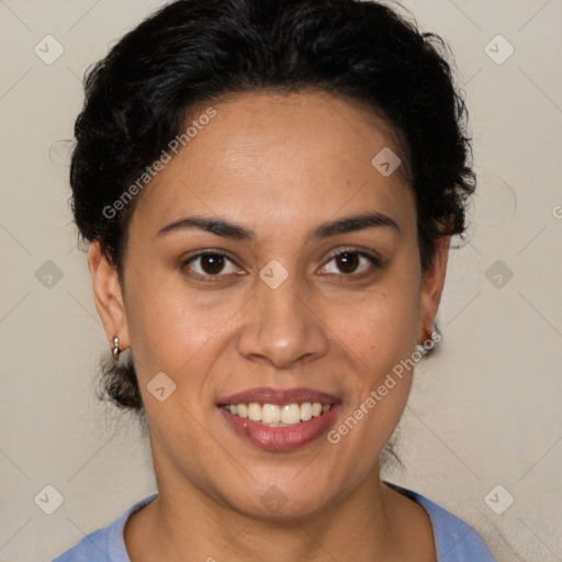 Joyful latino young-adult female with short  brown hair and brown eyes