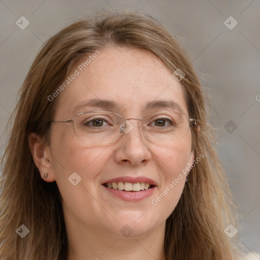 Joyful white adult female with long  brown hair and brown eyes