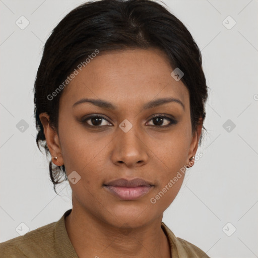 Joyful latino young-adult female with medium  brown hair and brown eyes