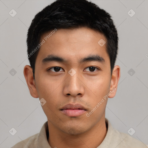 Neutral asian young-adult male with short  black hair and brown eyes