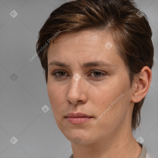 Neutral white young-adult female with short  brown hair and brown eyes