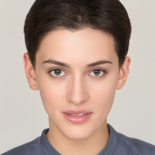 Neutral white young-adult female with short  brown hair and brown eyes