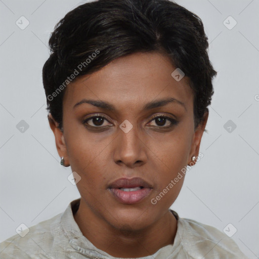 Neutral asian young-adult female with short  brown hair and brown eyes