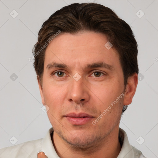 Neutral white adult male with short  brown hair and brown eyes