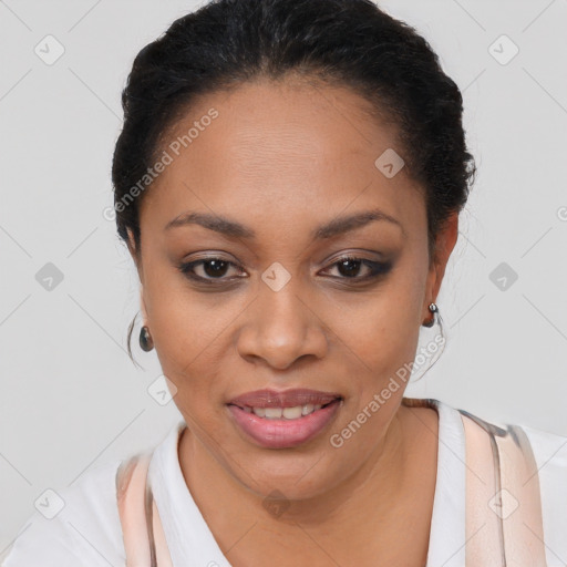 Joyful latino young-adult female with short  brown hair and brown eyes