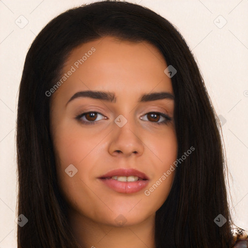 Neutral latino young-adult female with long  brown hair and brown eyes