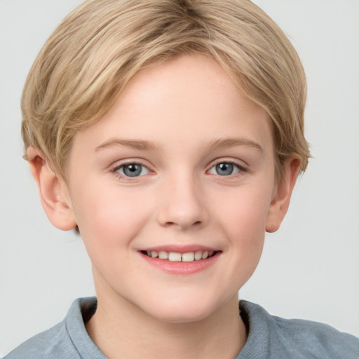 Joyful white child female with short  brown hair and grey eyes