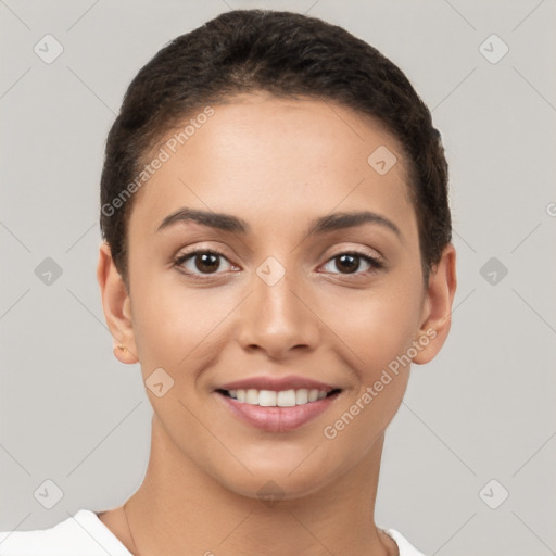 Joyful white young-adult female with short  brown hair and brown eyes