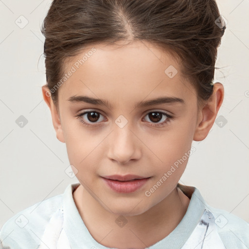 Joyful white child female with short  brown hair and brown eyes