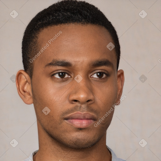 Neutral latino young-adult male with short  brown hair and brown eyes