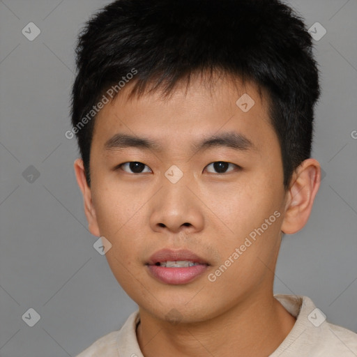 Neutral asian young-adult male with short  brown hair and brown eyes