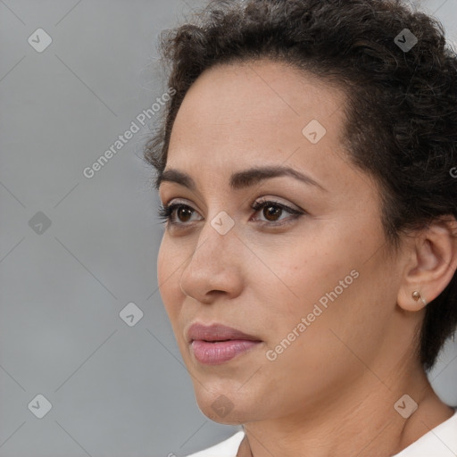 Neutral white young-adult female with short  brown hair and brown eyes