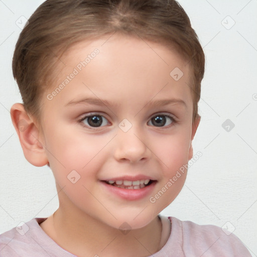 Joyful white child female with short  brown hair and brown eyes