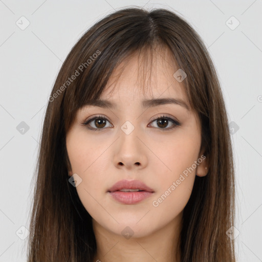 Neutral white young-adult female with long  brown hair and brown eyes